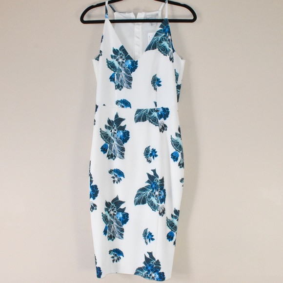 H&M Dresses & Skirts - FLORAL WHITE MIDI BODYCON DRESS W/ BLUE FLOWERS